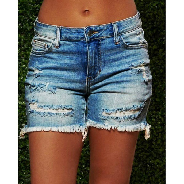 Nouveau style déchiré frangé haute extensibilité shorts en jean pour femmes