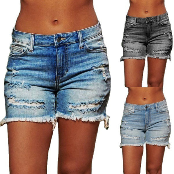Nouveau style déchiré frangé haute extensibilité shorts en jean pour femmes