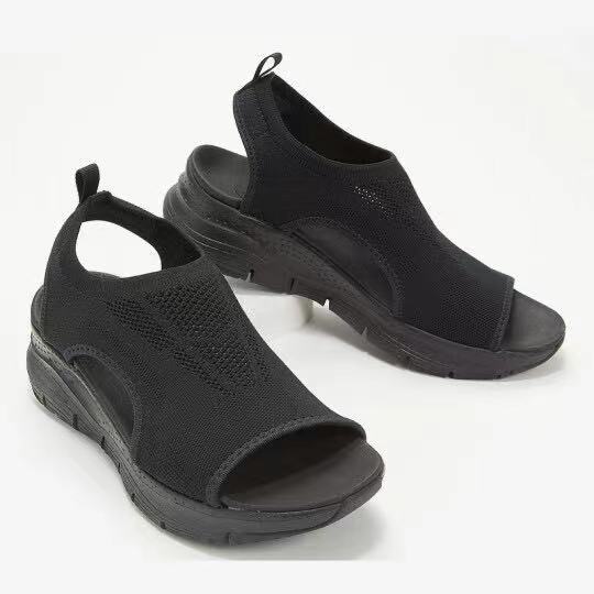 Zapatos de viscosa tejidos voladores con boca de pescado, sandalias planas de color liso