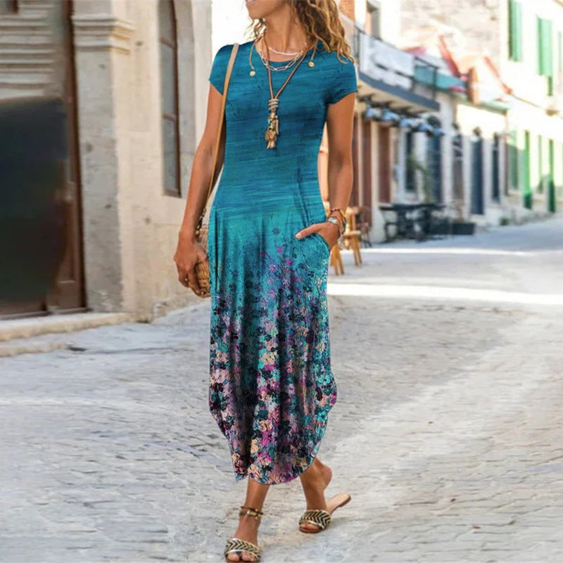 Vestido de cuello redondo, manga corta, con bolsillo y estampado a la moda