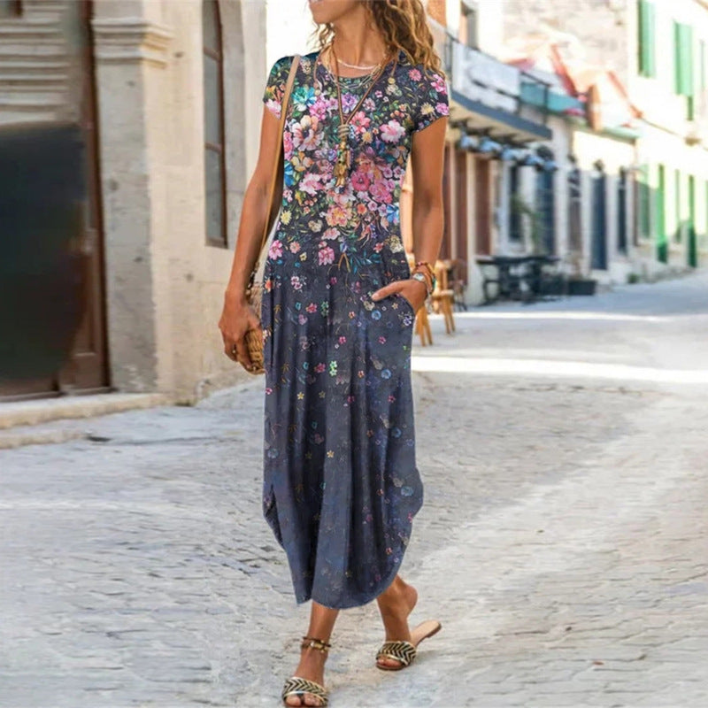 Vestido de cuello redondo, manga corta, con bolsillo y estampado a la moda