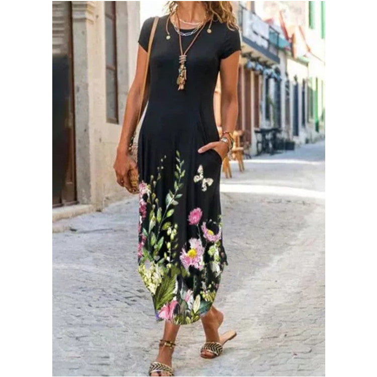 Vestido de cuello redondo, manga corta, con bolsillo y estampado a la moda
