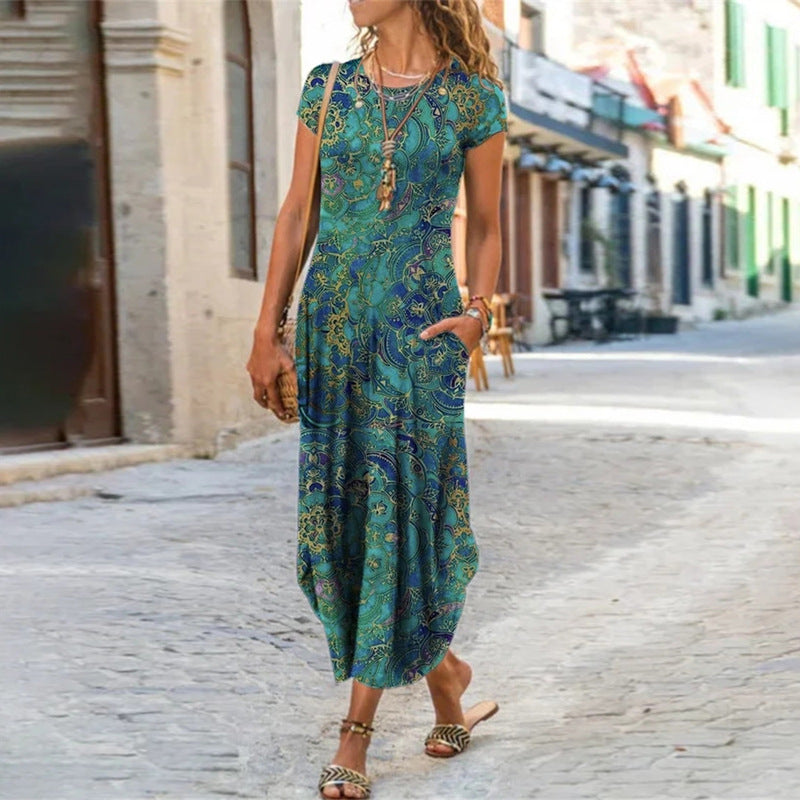 Vestido de cuello redondo, manga corta, con bolsillo y estampado a la moda