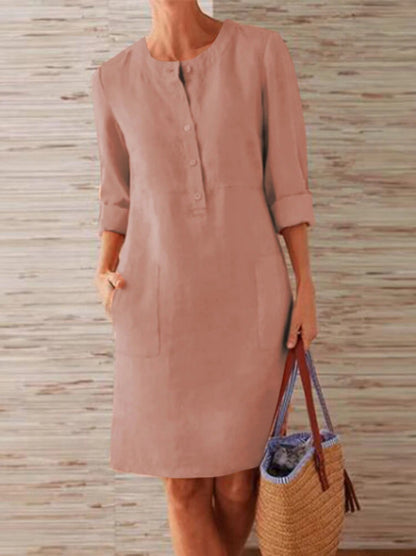 Robe longue à manches longues et col rond en coton et lin pour femmes grandes tailles