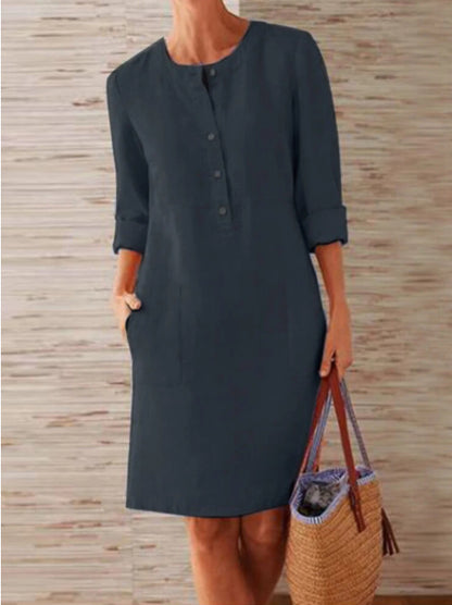 Robe longue à manches longues et col rond en coton et lin pour femmes grandes tailles