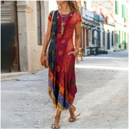 Vestido de cuello redondo, manga corta, con bolsillo y estampado a la moda