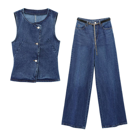 Ensemble gilet en jean avec ceinture et pantalon en jean pour femme