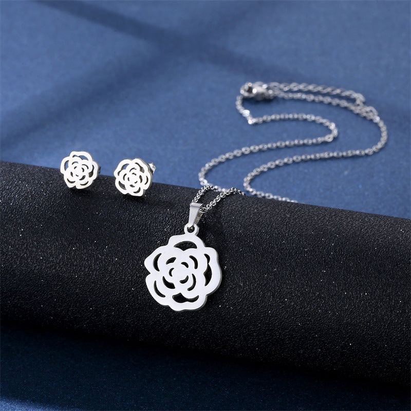 Stainless Steel Necklace Ear Stud Combination Suit