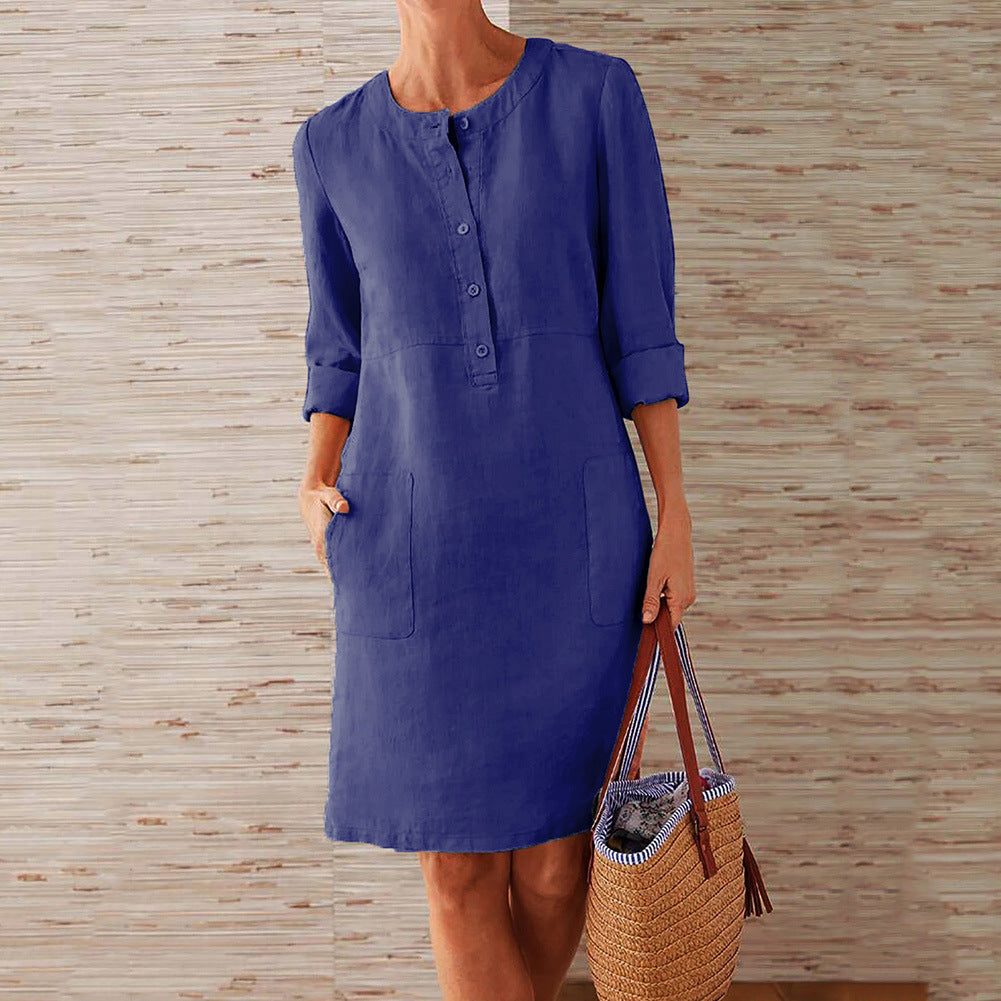 Robe longue à manches longues et col rond en coton et lin pour femmes grandes tailles