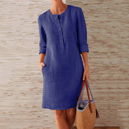 Robe longue à manches longues et col rond en coton et lin pour femmes grandes tailles