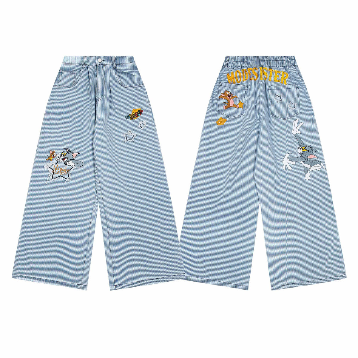 Washed deconstructive striped spliced curved knife jeans
