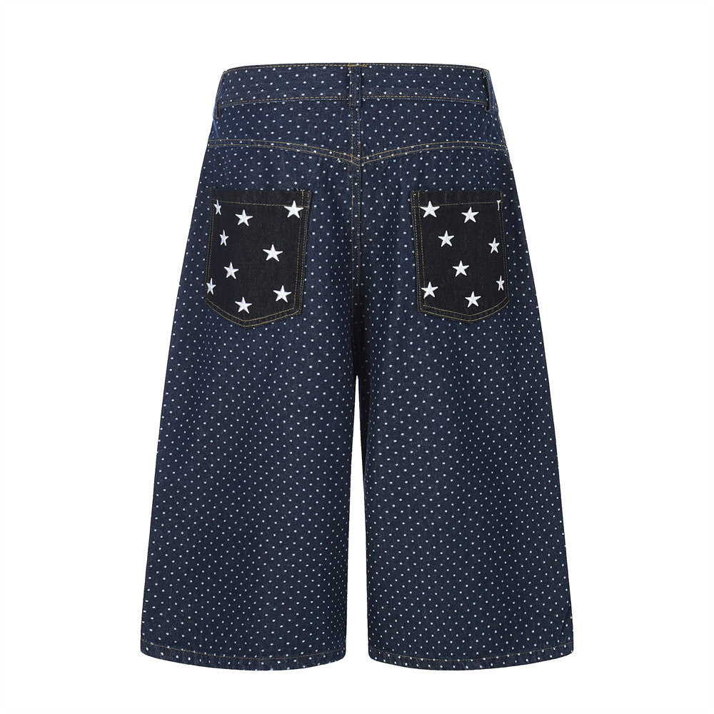 Star pocket polka dot denim cropped pants