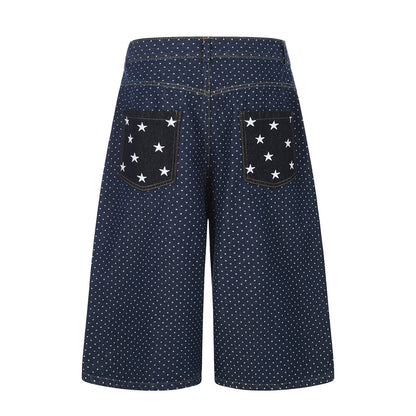 Star pocket polka dot denim cropped pants