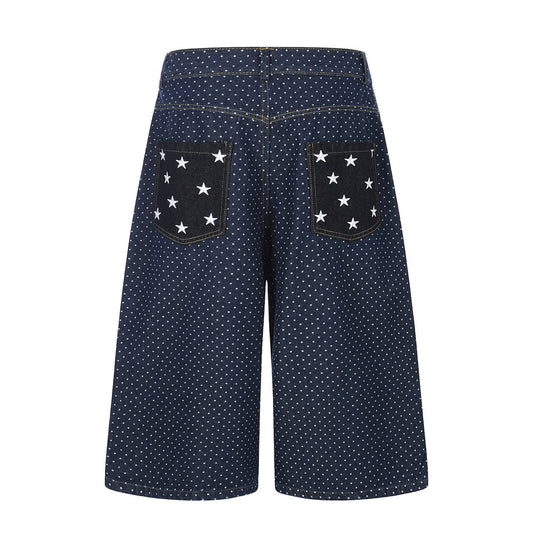 Star pocket polka dot denim cropped pants