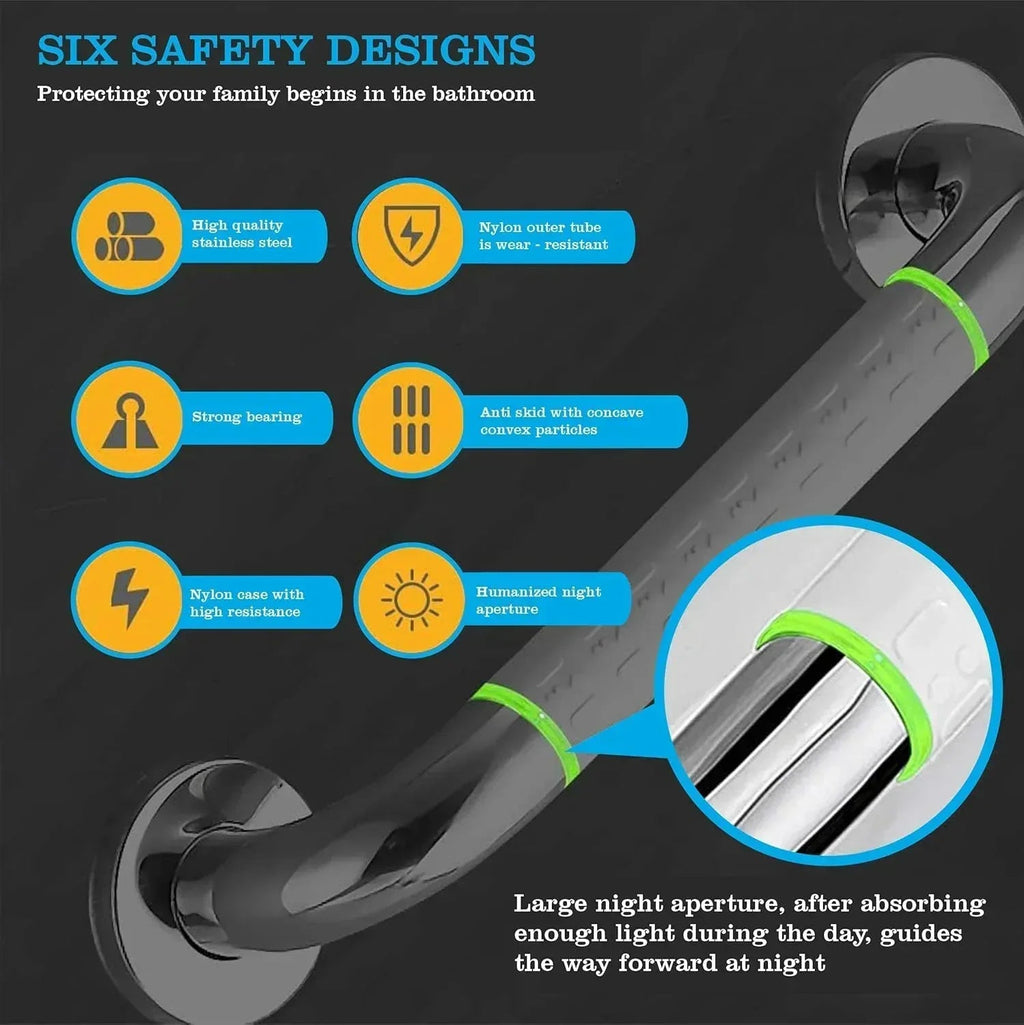 Fossa 16 Inch 304 Stainless Steel Luminous Grab Bar Wall Mounted Safety Balance Handle | Non-Slip for Elderly, Kids | Strong Load Bearing Armrest- Pack of 1 Silver & White (Chrome Finish)-1
