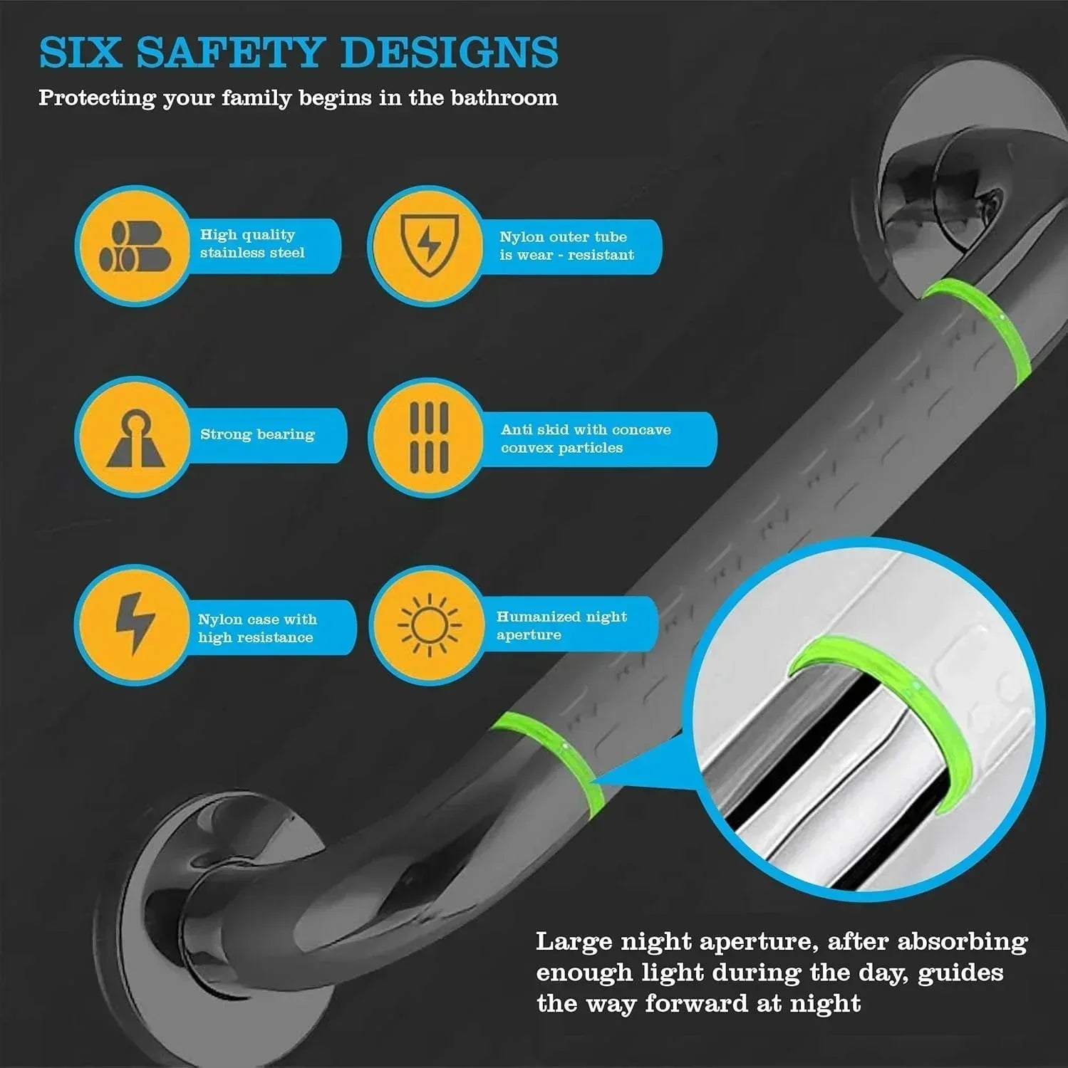 Fossa 16 Inch 304 Stainless Steel Luminous Grab Bar Wall Mounted Safety Balance Handle | Non-Slip for Elderly, Kids | Strong Load Bearing Armrest- Pack of 1 Silver & White (Chrome Finish)-1