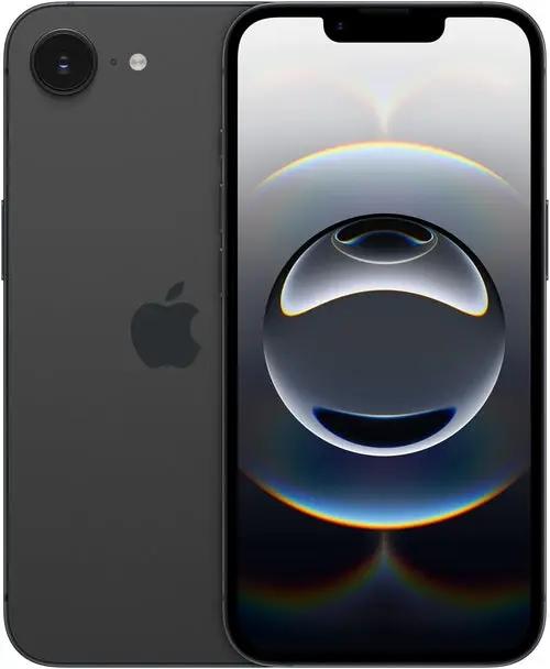 Apple iPhone 16e space gray, front and back views shown
