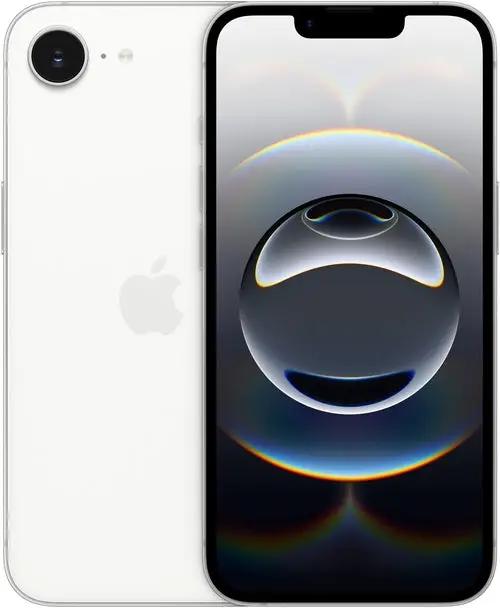 Apple iPhone 16e smartphone in white, by PrimeCanada.Store, front and back views.