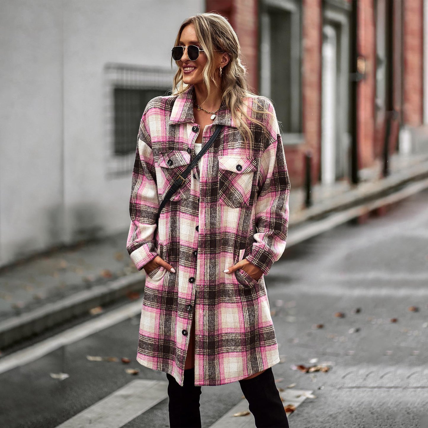Manteau cardigan long à carreaux pour femme, style décontracté et élégant