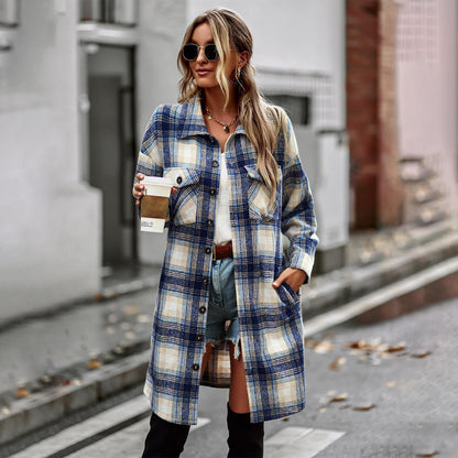 Manteau cardigan long à carreaux pour femme, style décontracté et élégant