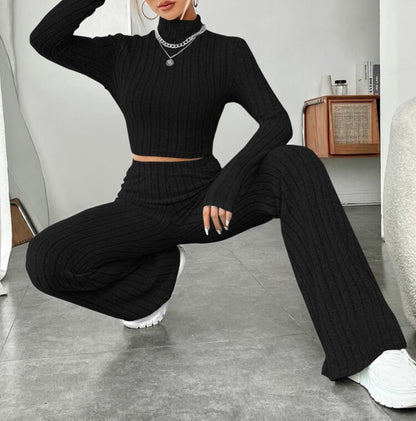 Ensemble Col Roulé Manches Longues et Pantalon Large Taille Haute