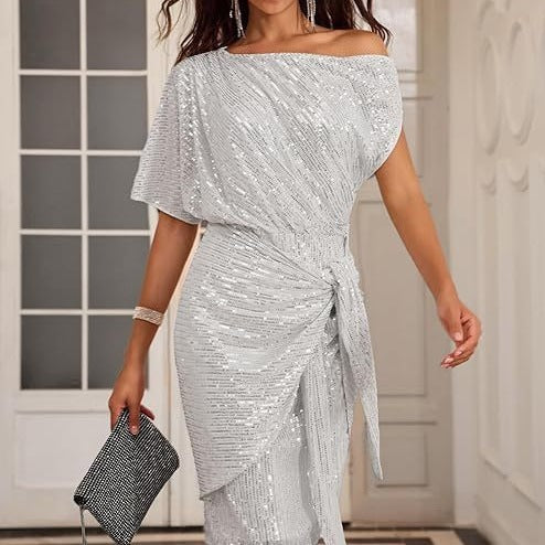 Robe femme asymétrique à lacets perlée