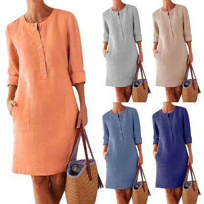 Robe longue à manches longues et col rond en coton et lin pour femmes grandes tailles