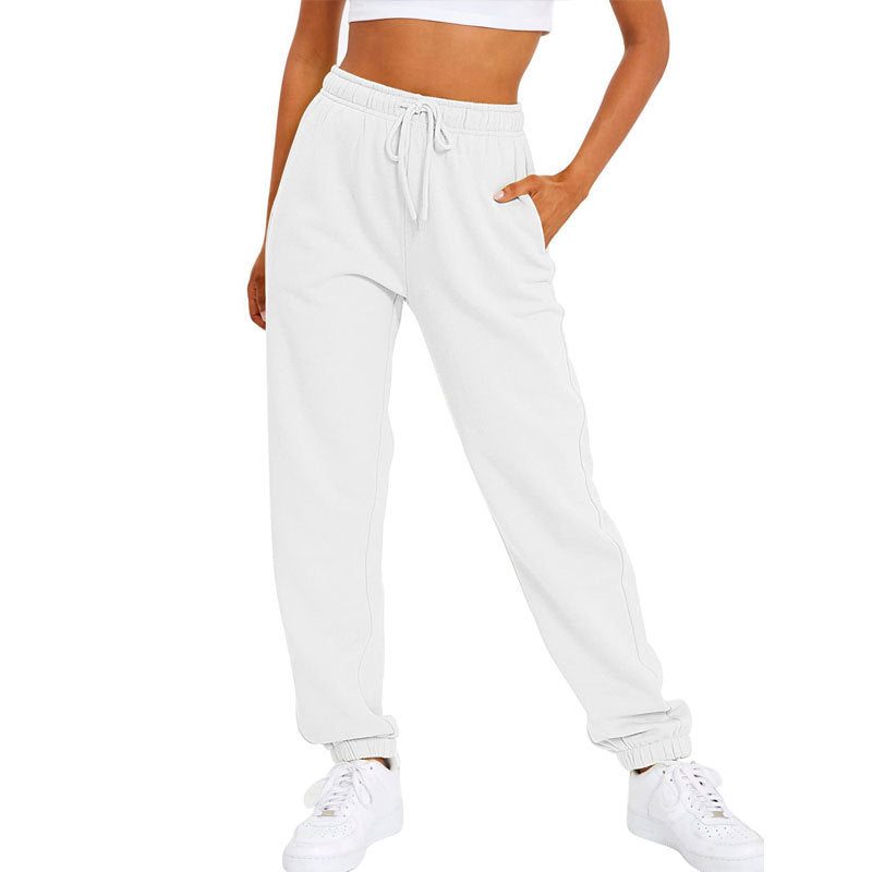 Pantalon de jogging décontracté en molleton uni avec fourrure, taille haute, ample et fuselé, pour la maison