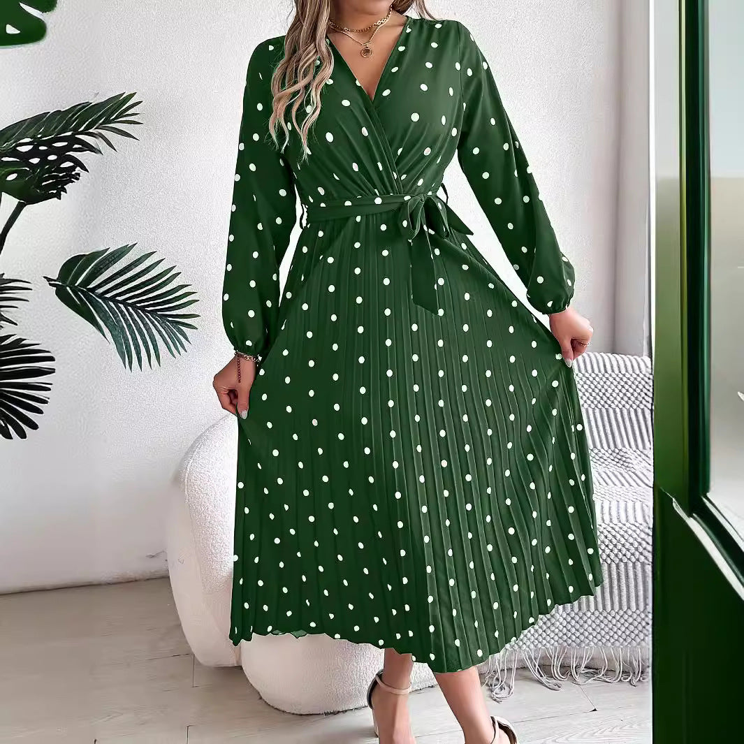 Vestido largo elegante primavera-verano con cuello en V cruzado, lunares en contraste, manga larga y plisado, para damas de honor