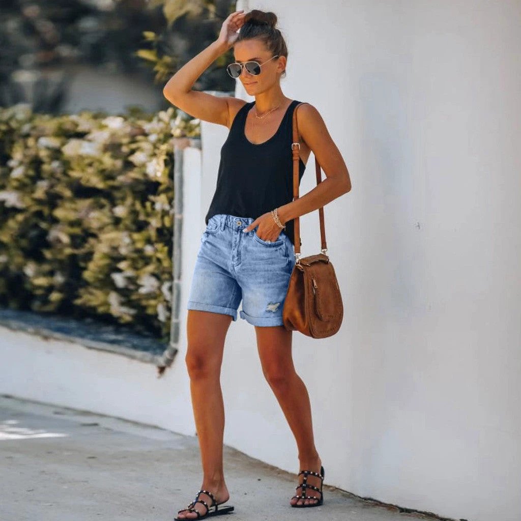 High-Waisted Fringed Distressed Denim Shorts for Women by eprolo