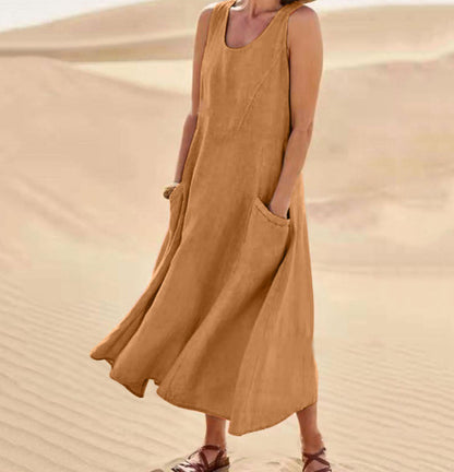 Vestido Largo de Verano sin Mangas con Bolsillos, Vestidos Casuales Sueltos de Moda, Ropa de Mujer