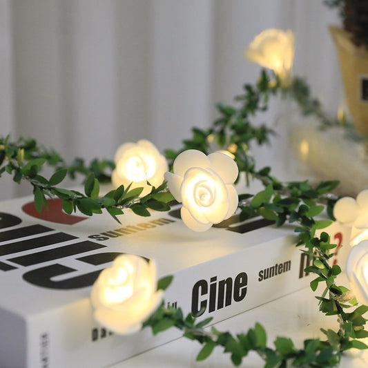 Guirlande lumineuse LED Rose Vigne, Décoration de Feuilles Vertes, Alimentation Batterie USB Solaire, Lumières Féériques Blanc Chaud