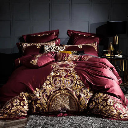 Embroidered Chinese cotton quilt cover bedding in burgundy with gold baroque motif