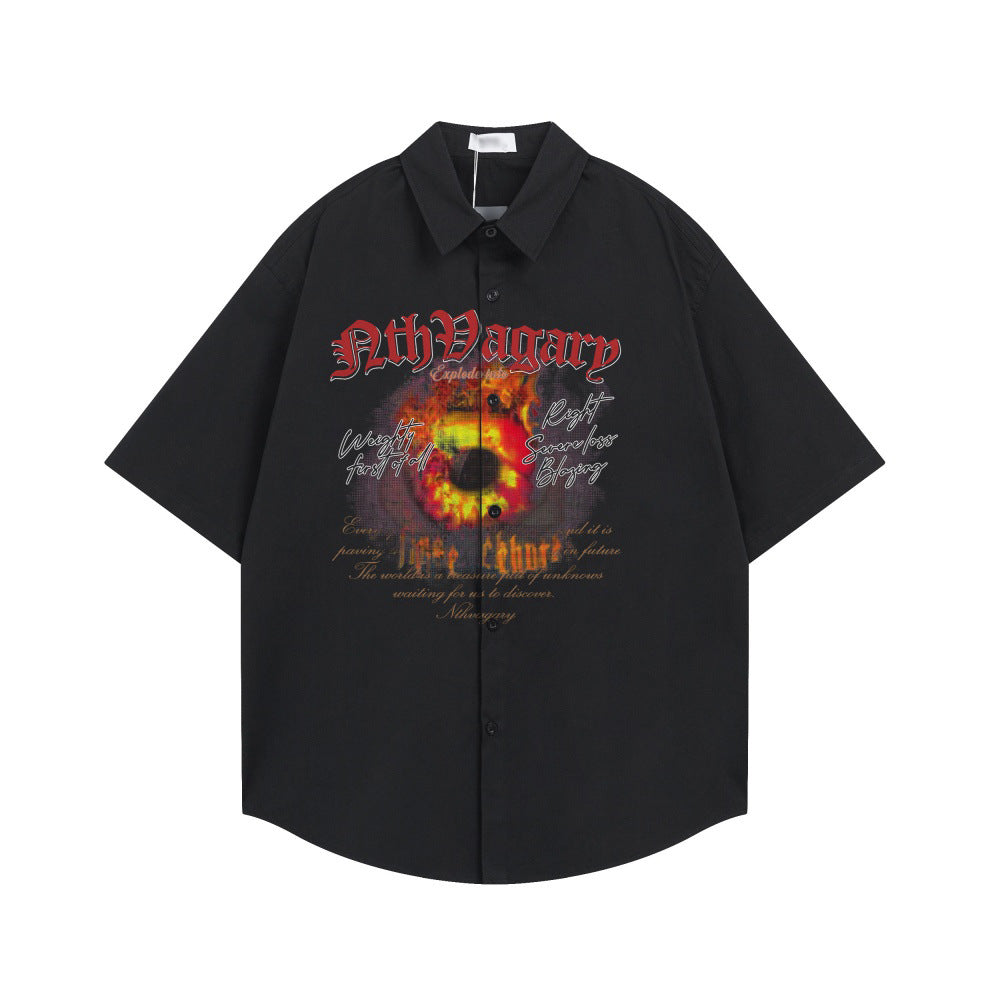 Gothic letter fireball printed short sleeved shirt