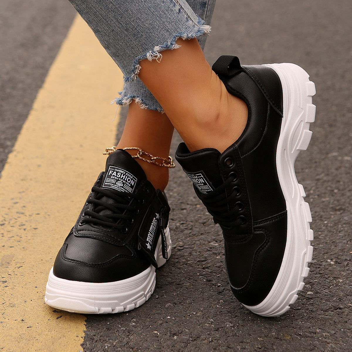 Zapatillas deportivas con cordones, diseño de cremallera lateral, suela gruesa, punta redonda, informales para mujer