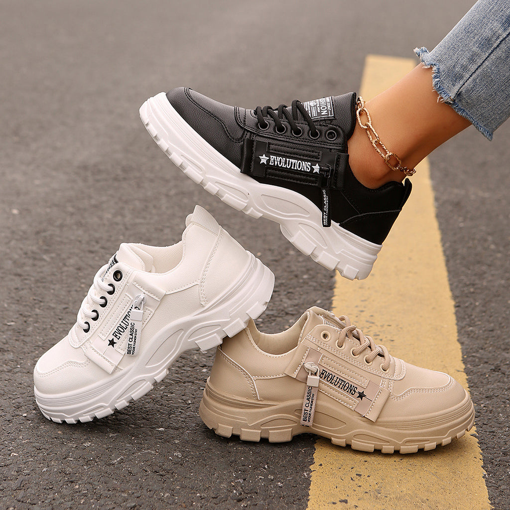 Zapatillas deportivas con cordones, diseño de cremallera lateral, suela gruesa, punta redonda, informales para mujer