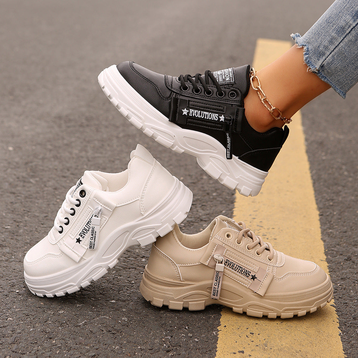 Zapatillas deportivas con cordones, diseño de cremallera lateral, suela gruesa, punta redonda, informales para mujer