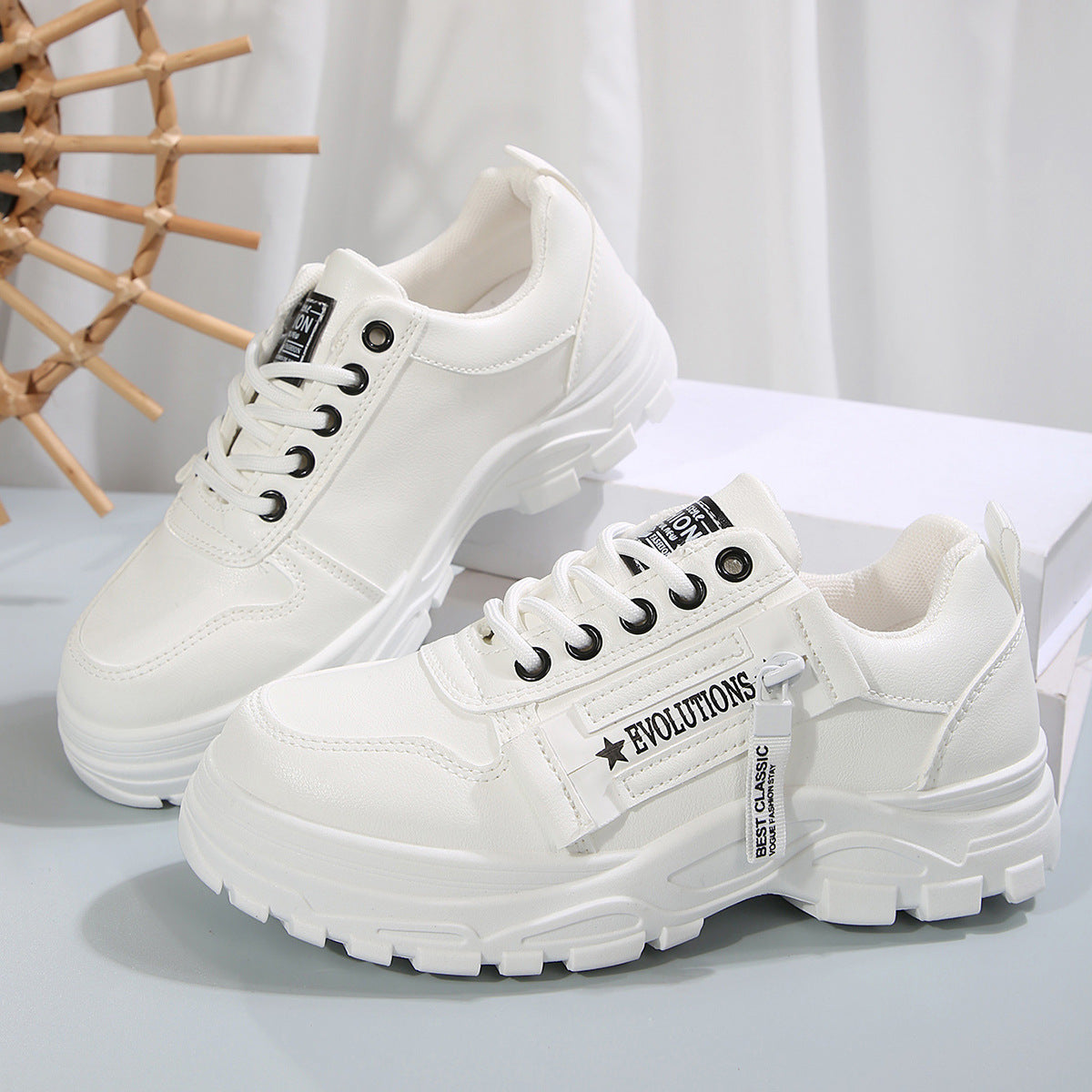 Zapatillas deportivas con cordones, diseño de cremallera lateral, suela gruesa, punta redonda, informales para mujer