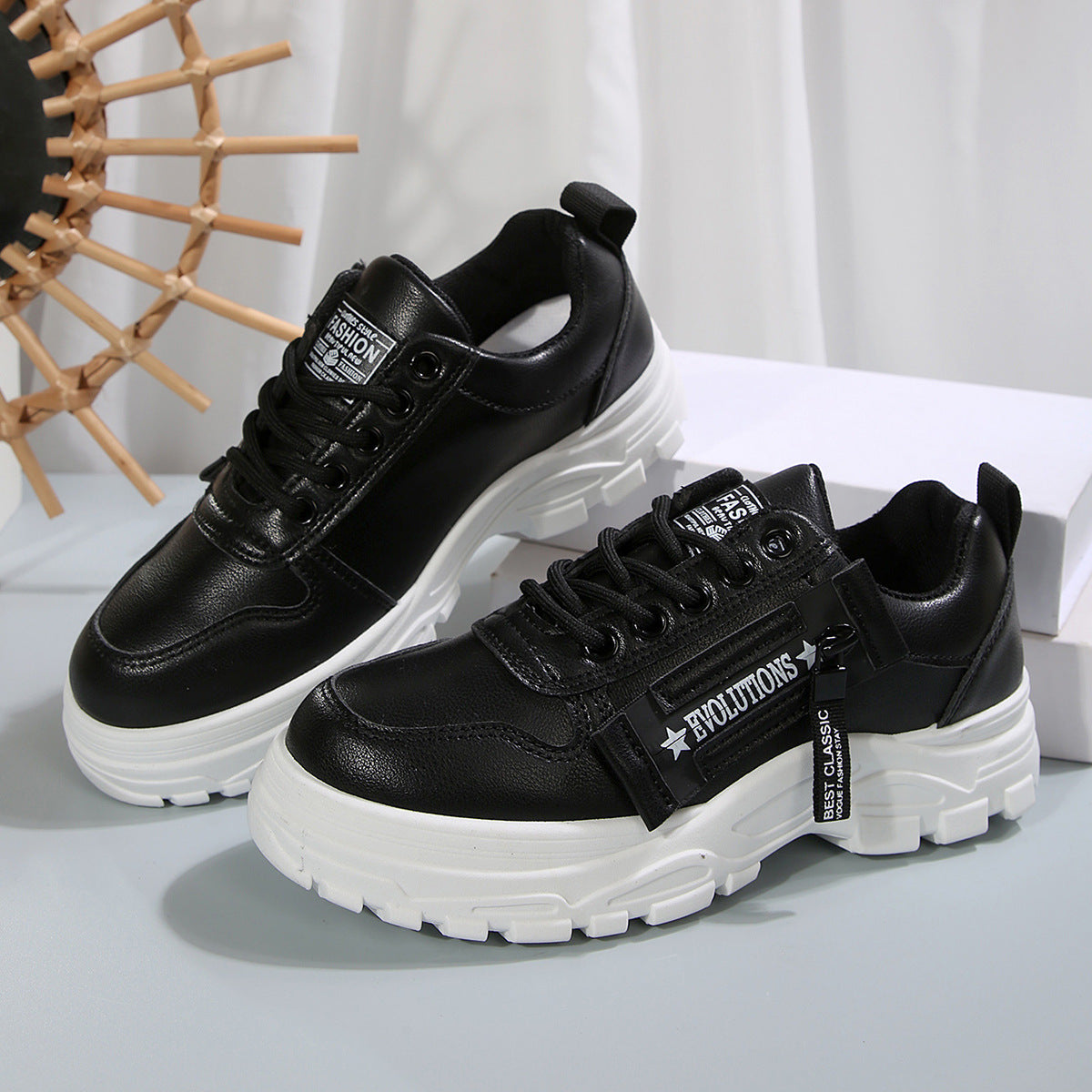 Zapatillas deportivas con cordones, diseño de cremallera lateral, suela gruesa, punta redonda, informales para mujer