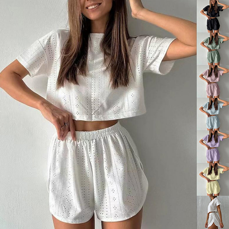 Ensemble décontracté 2 pièces avec haut court à manches courtes et short fendu élastique, vêtements de sport d'été à la mode pour femmes
