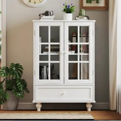 Minimalist White Buffet Cabinet by AdTec with double glass doors and a single drawer
