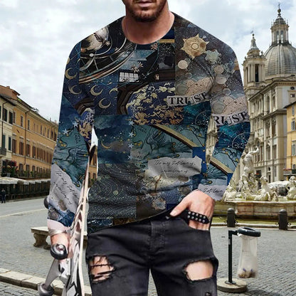 Men's long-sleeve printed top by AdTec with collage artwork of maps, stars, and celestial motifs.