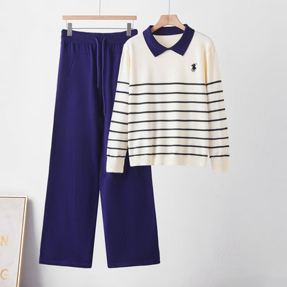 Ensemble en maille rayée à col rabattu élégant, pantalon ample à jambes larges pour femme