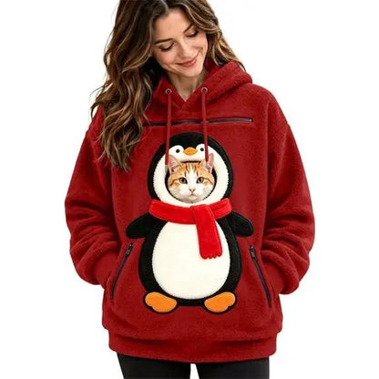Pet Christmas 3D Hooded Pullover Sweatshirt by AdTec, red fleece with penguin-cat design