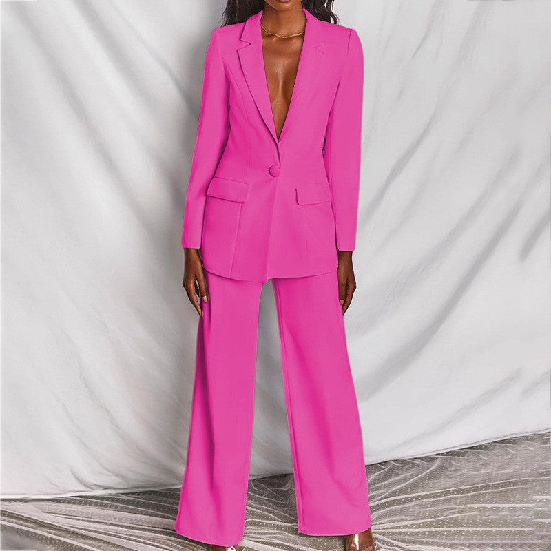 Traje casual de 2 piezas, chaqueta tipo blazer con solapa y botones, y pantalones de pierna recta. Conjunto de ropa de oficina para negocios y traslados.