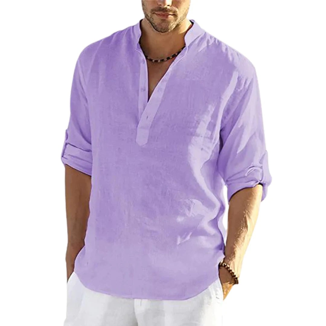 Camisa de manga larga de algodón y lino para hombre, color sólido, cuello levantado, holgada