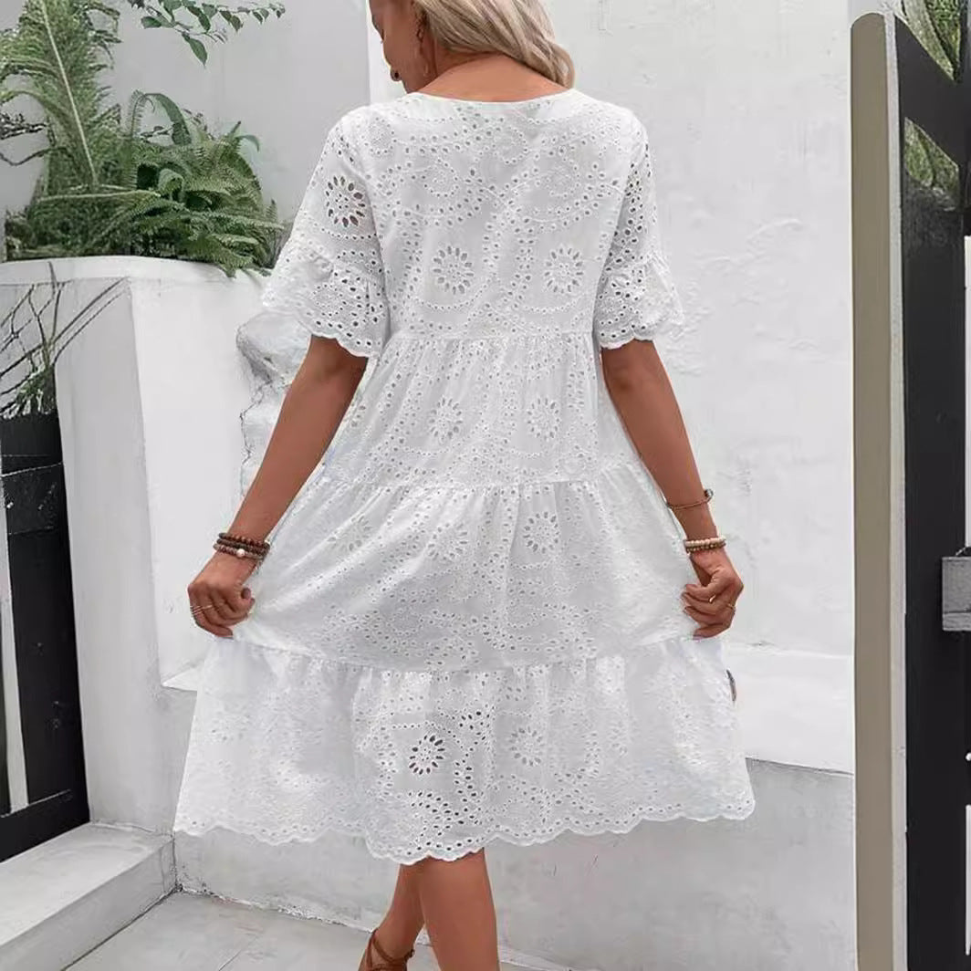 Robe décontractée pour femme à broderies, creusée, à manches courtes et col rond, avec volants aux manches et à la taille
