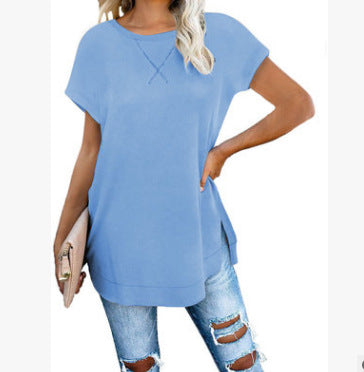 Women's solid color round neck drop shoulder top