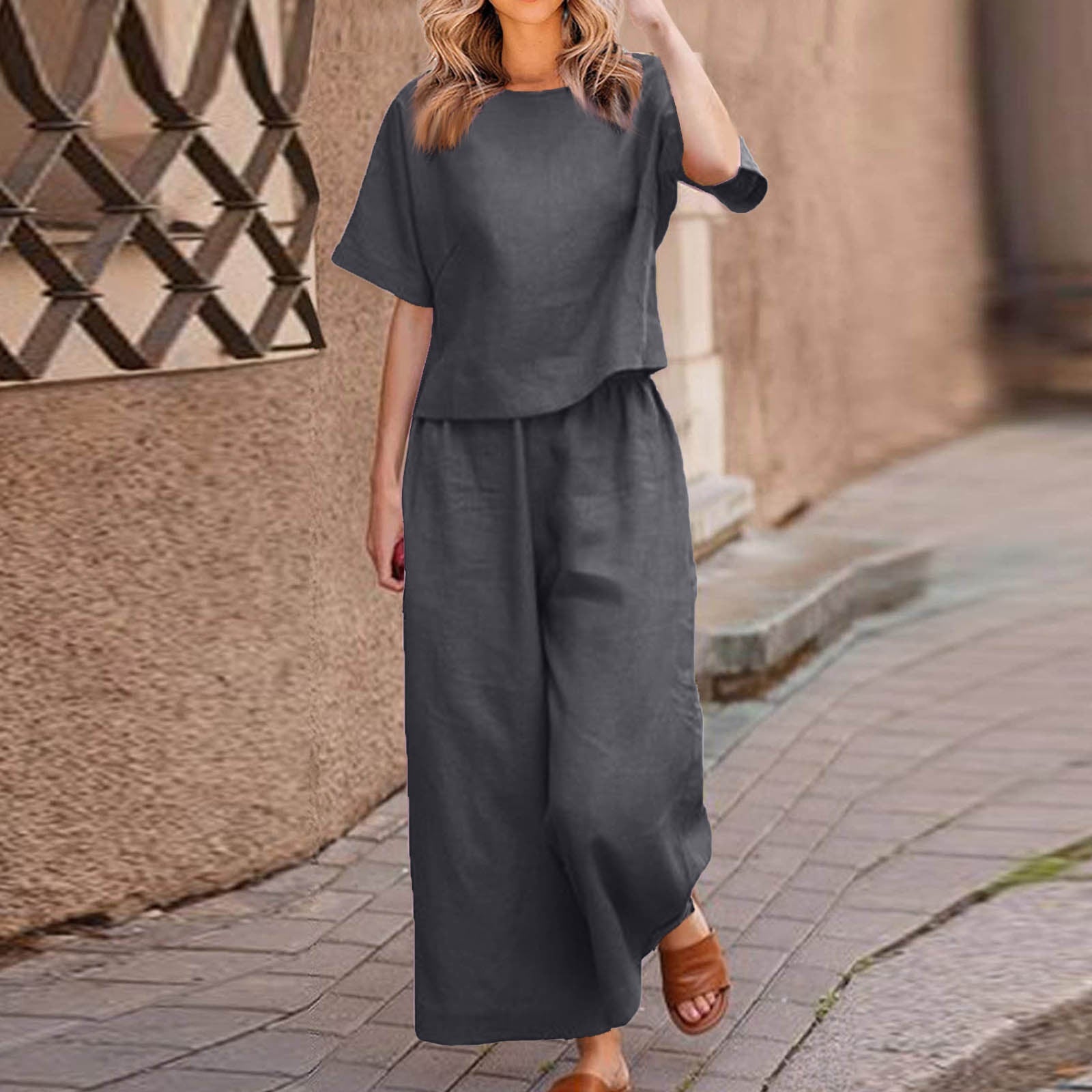 Traje de dos piezas de lino informal holgado de color sólido para mujer europea y americana
