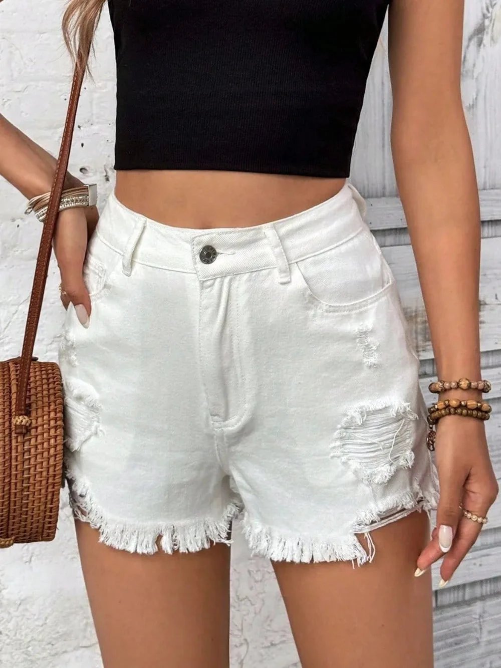 Distressed Raw Hem High Rise Denim Shorts by eprolo